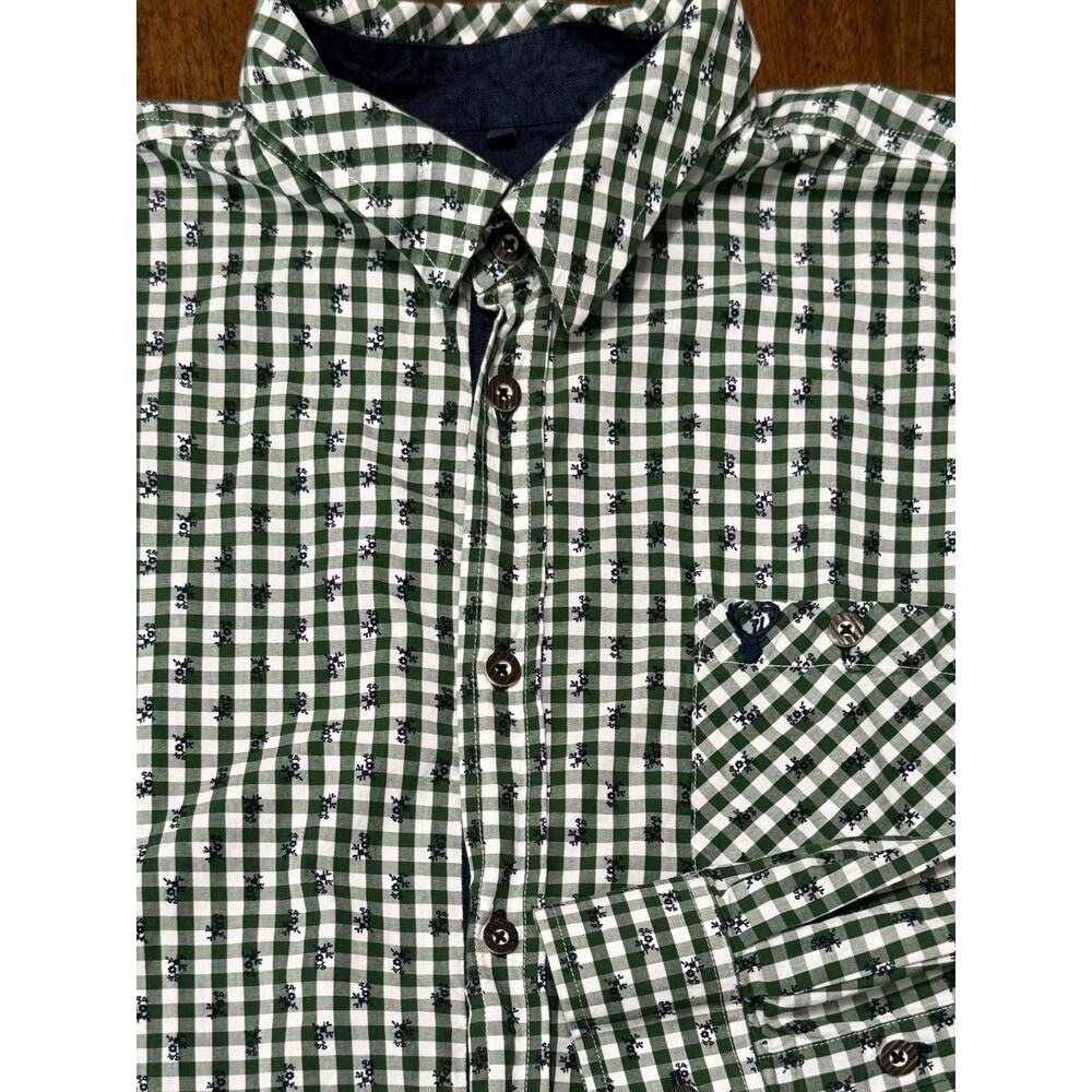 KRUGER BAUM Shirt Green Plaid Floral Gingham Wood Buttons Perfect Fit 2XL